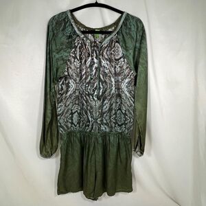 Gypsy 05 Silk Blend Boho Chic Y2K Olive Green Earthy Long Sleeve Romper Sz M